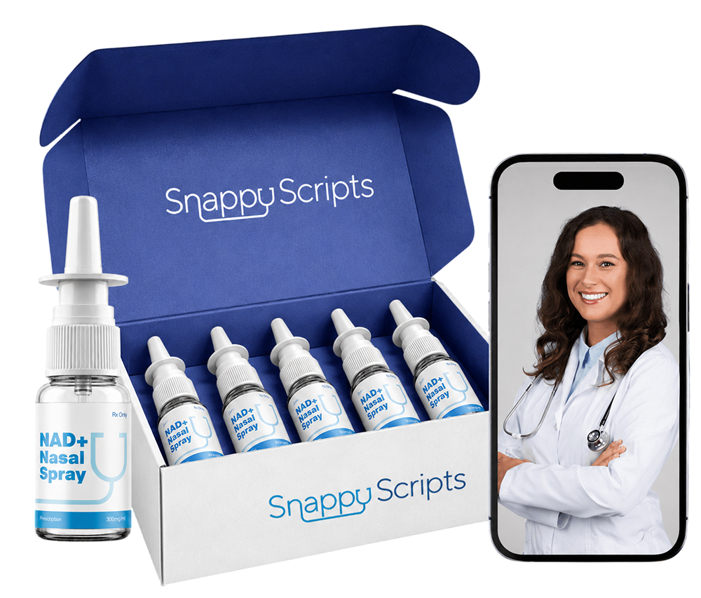 Person using NAD+ nasal spray for energy and focus support